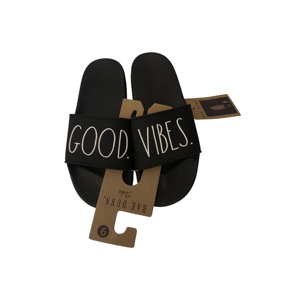 New Rae Dunn Good Vibes Slides Sandals Black Size‎ 9